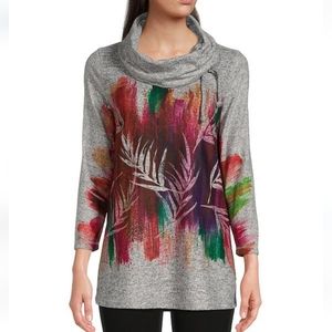 Ali Miles Brushed Abstract Leaf Print Cowl Neck 3/4 Sleeve Knit Tunic